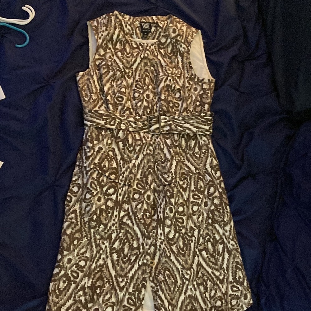 Worth Sleeveless tan, brown and cream colored dress,Size 6